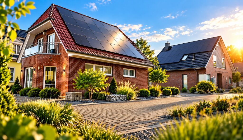 Moderne Wohnhäuser mit Solardächern