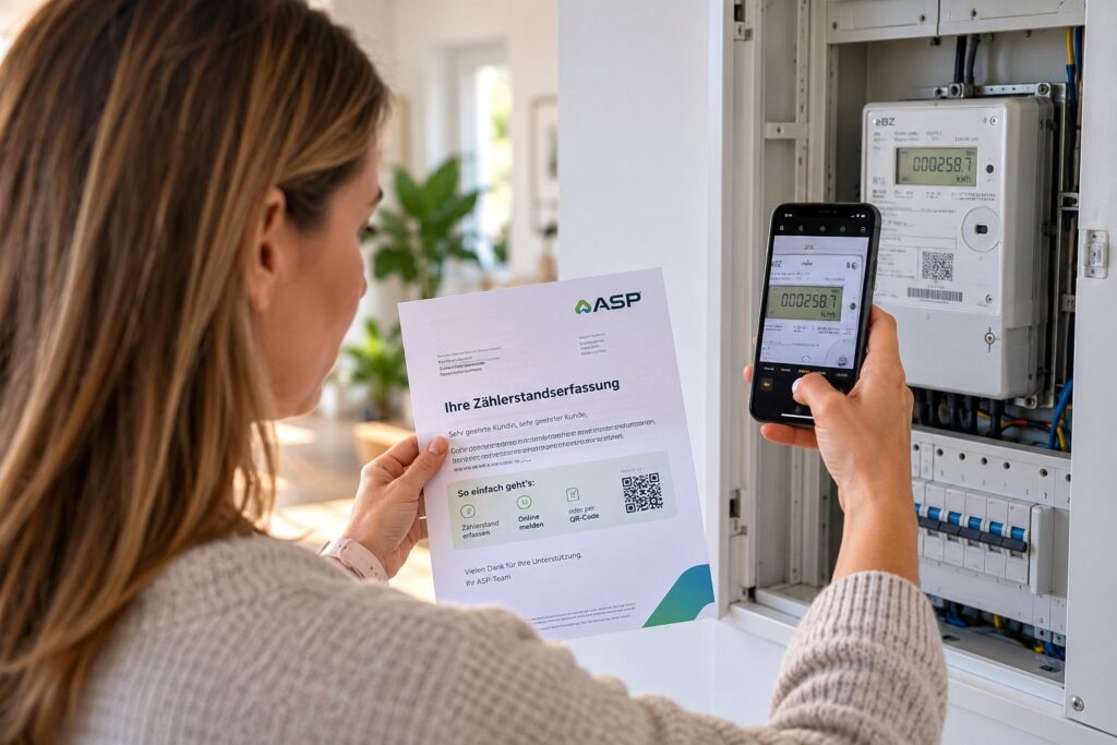 Kundin hält die Ablesekarte mit QR-Code in der Hand und fotografiert den Zählerstand am Stromzähler mit dem Smartphone