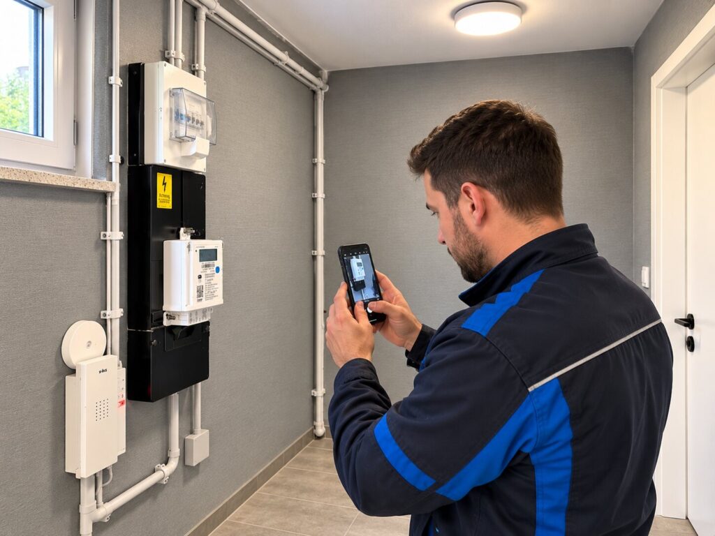 Techniker fotografiert Stromzähler im Wartungsraum