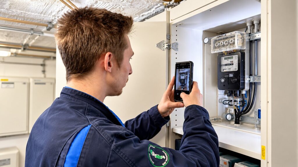 Techniker prüft Stromzähler im Schaltschrank